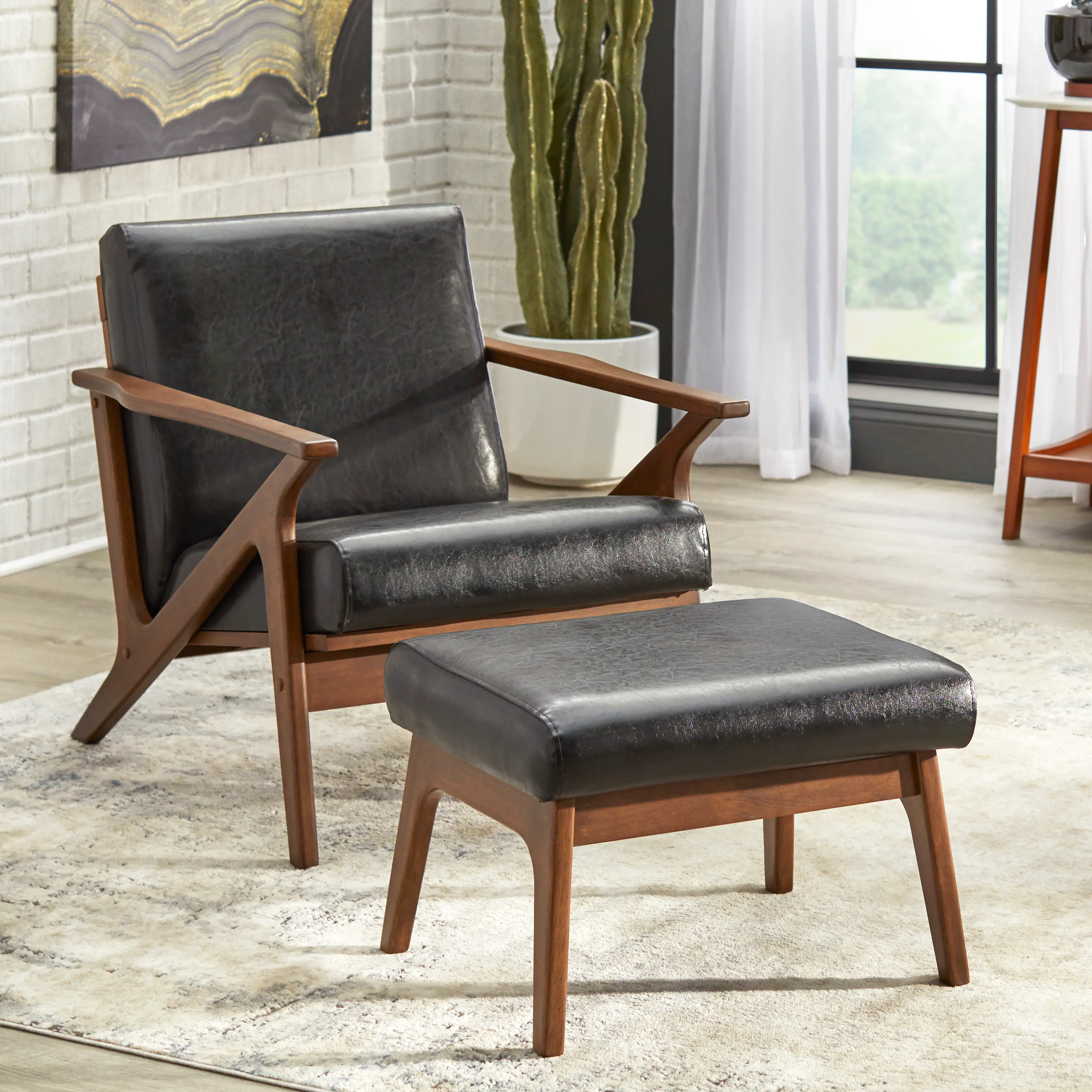 Angelo Black and Walnut Vegan Leather Ottoman-2