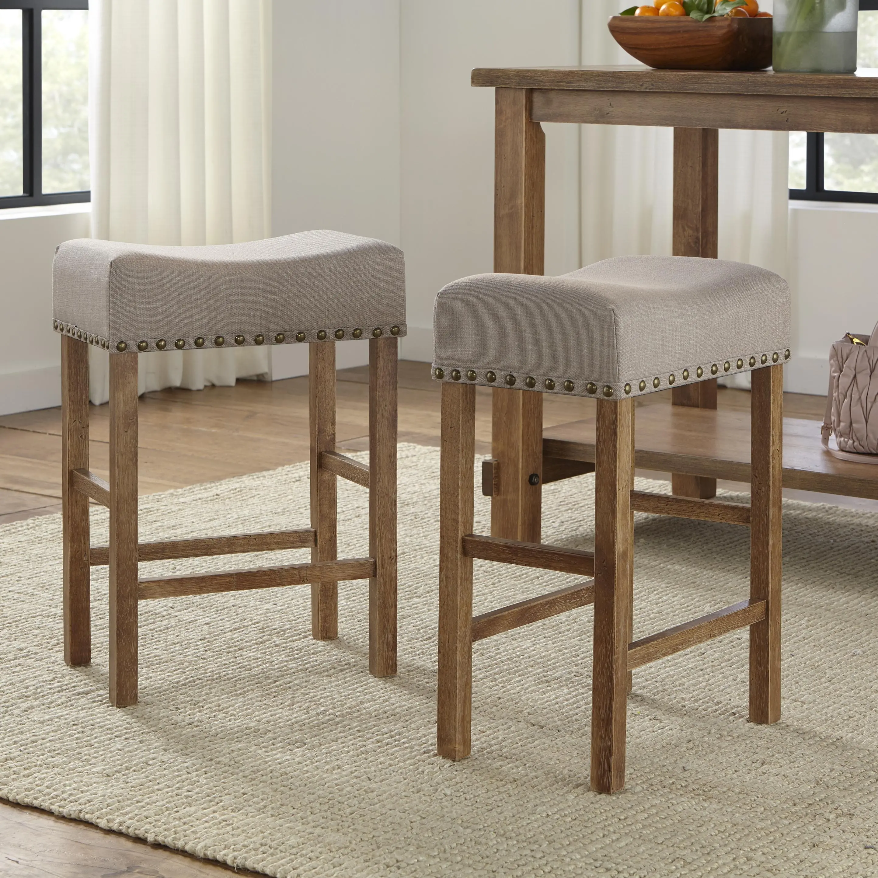 Amelia Beige Nailhead Saddle Counter Stools, Set of 2-2