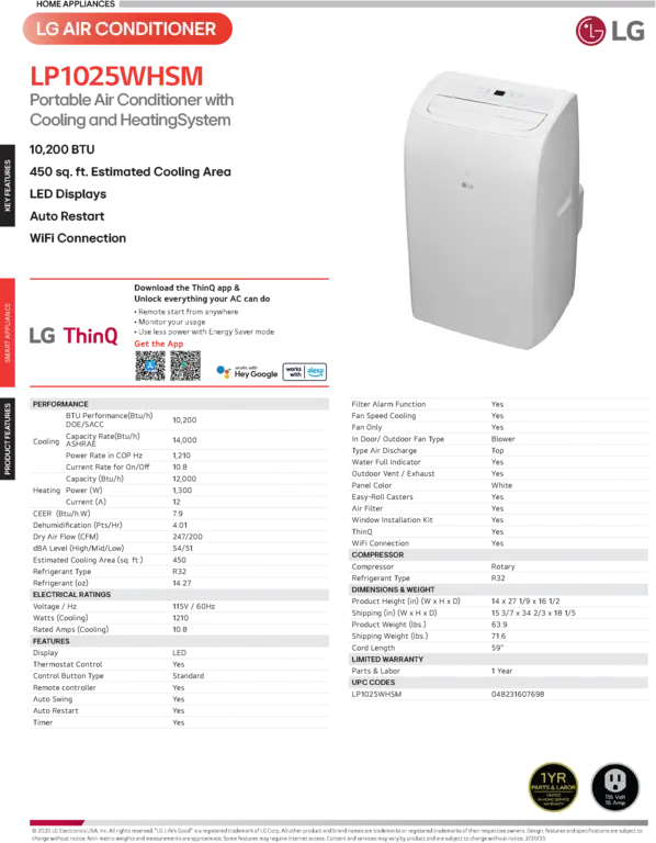 LP1025WHSM LG 10,000 BTU Portable Air Conditioner with Heater, Dehumidifier, and Wifi-14