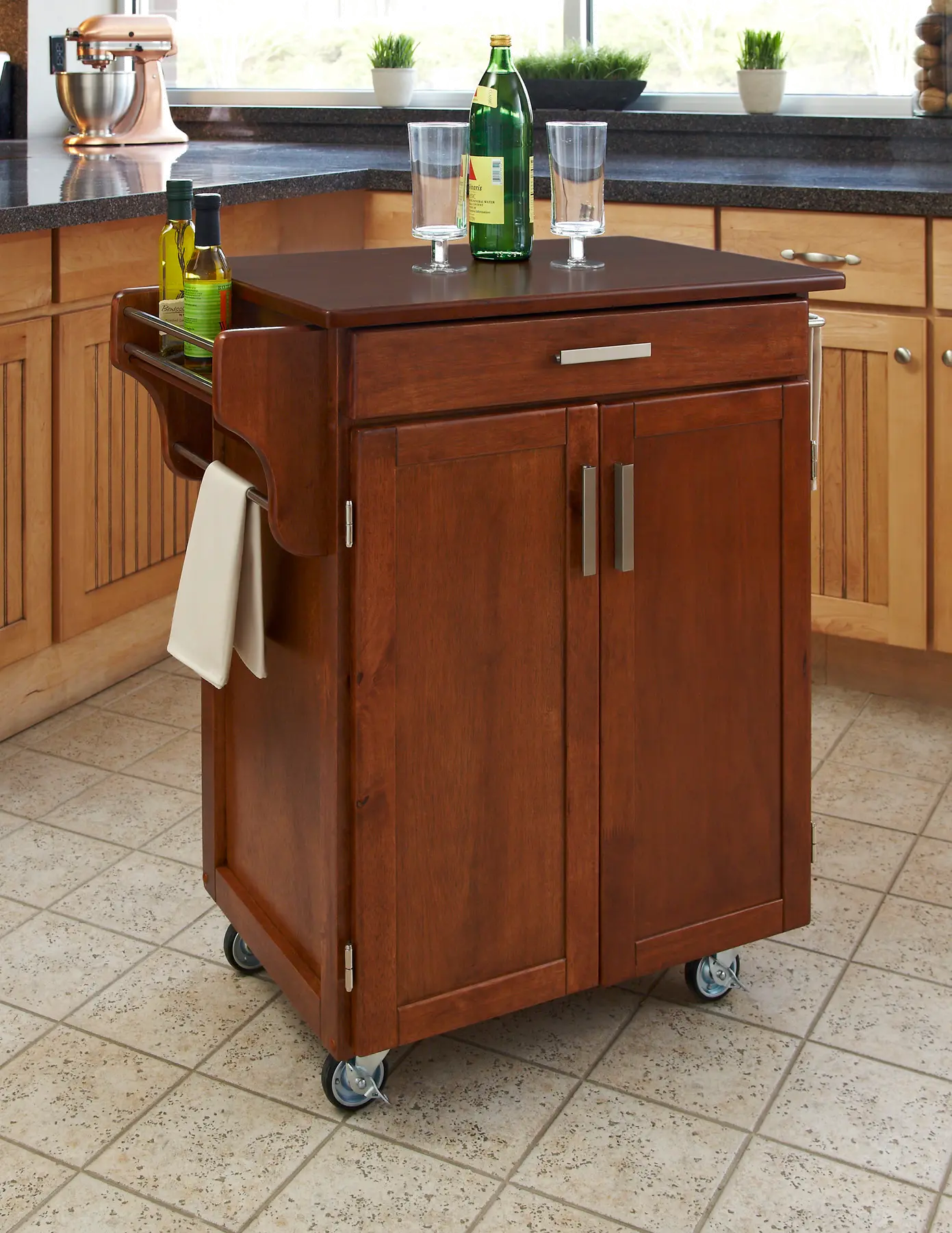 9001-0067G Medium Brown Kitchen Cart with Cherry Top - Create-a-Cart-1