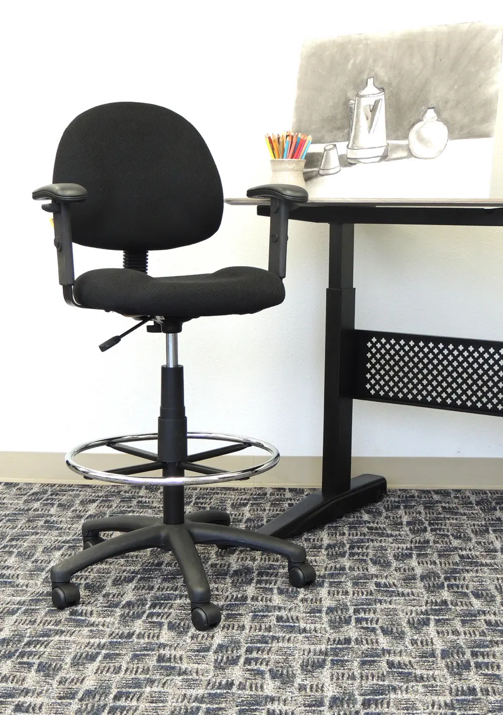 Black Contoured Adjustable Drafting Office Chair With Arms-2
