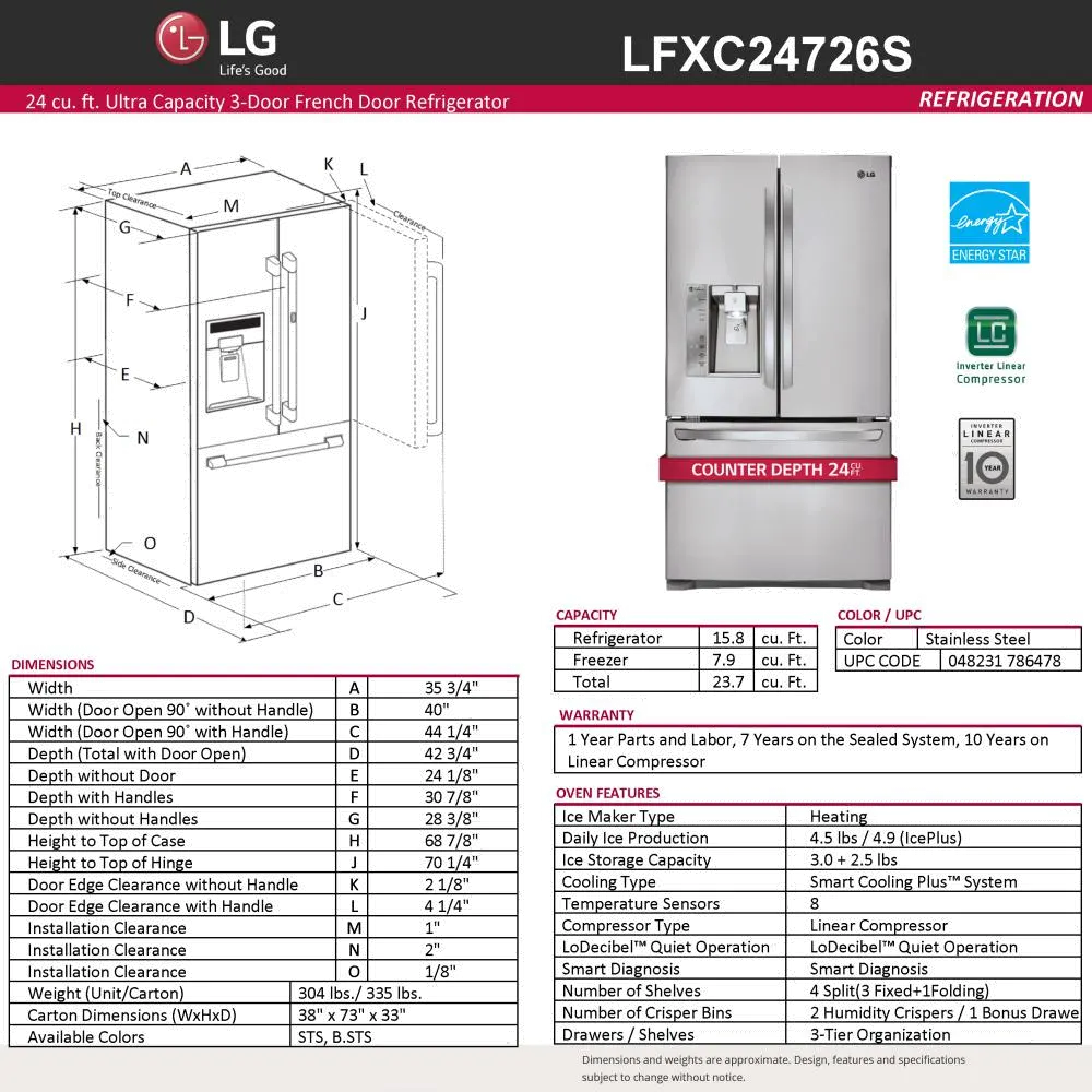 LFXC24726S LG Counter Depth French Door Refrigerator - 23.7 cu. ft., 36 Inch Stainless Steel-2