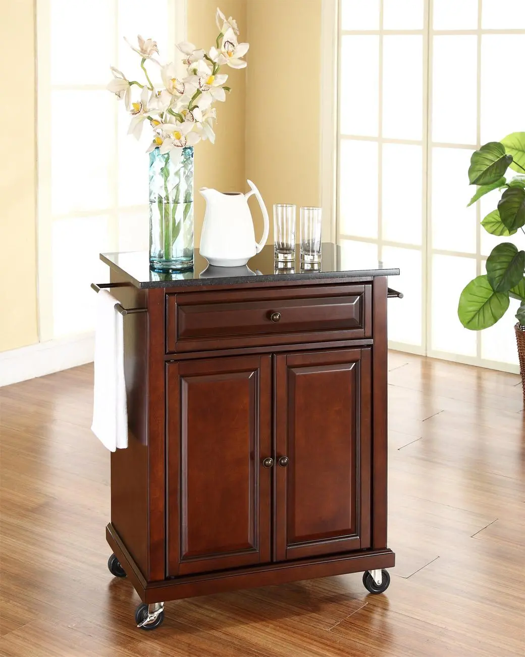 KF30024EMA Mahogany Portable Kitchen Cart with Black Granite Top-1
