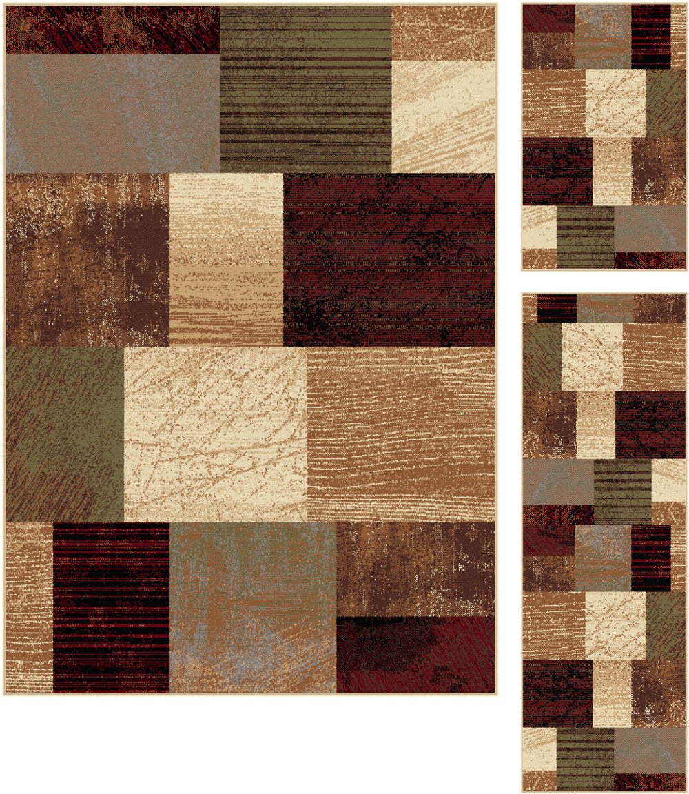 3 Piece Set Brown Red and Green Area Rug - Elegance