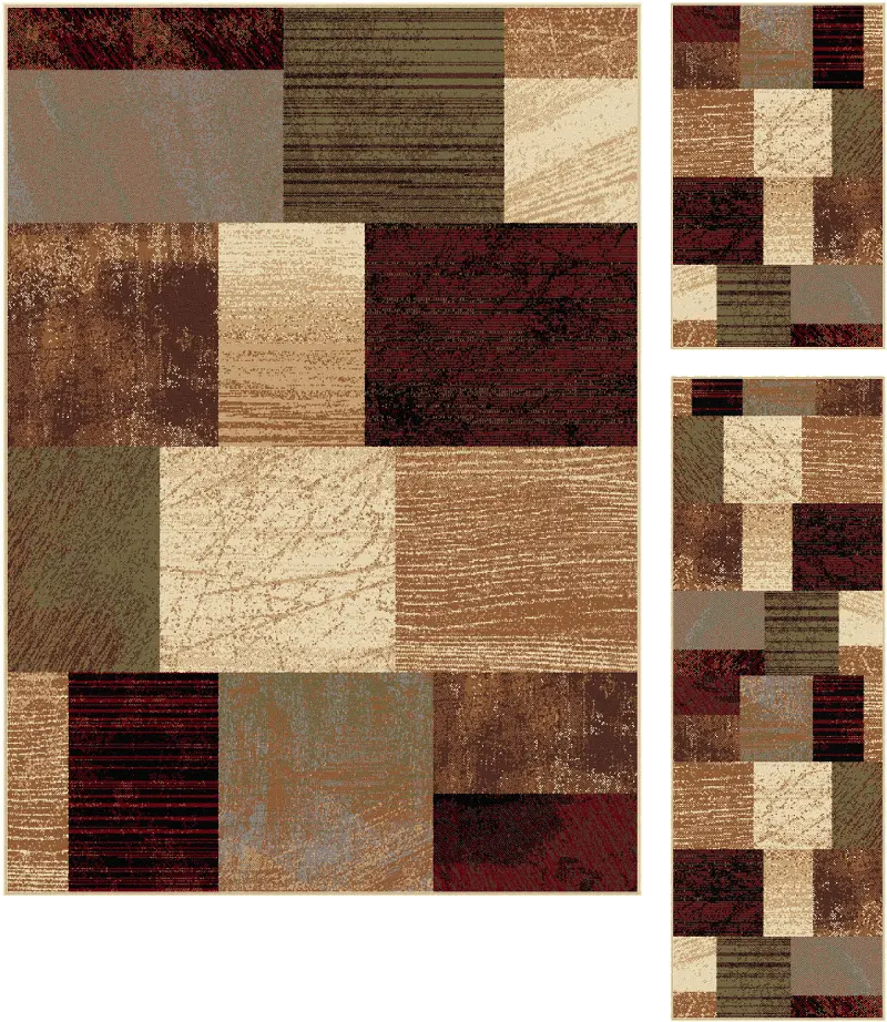 3 Piece Set Brown, Red, and Green Area Rug - Elegance
