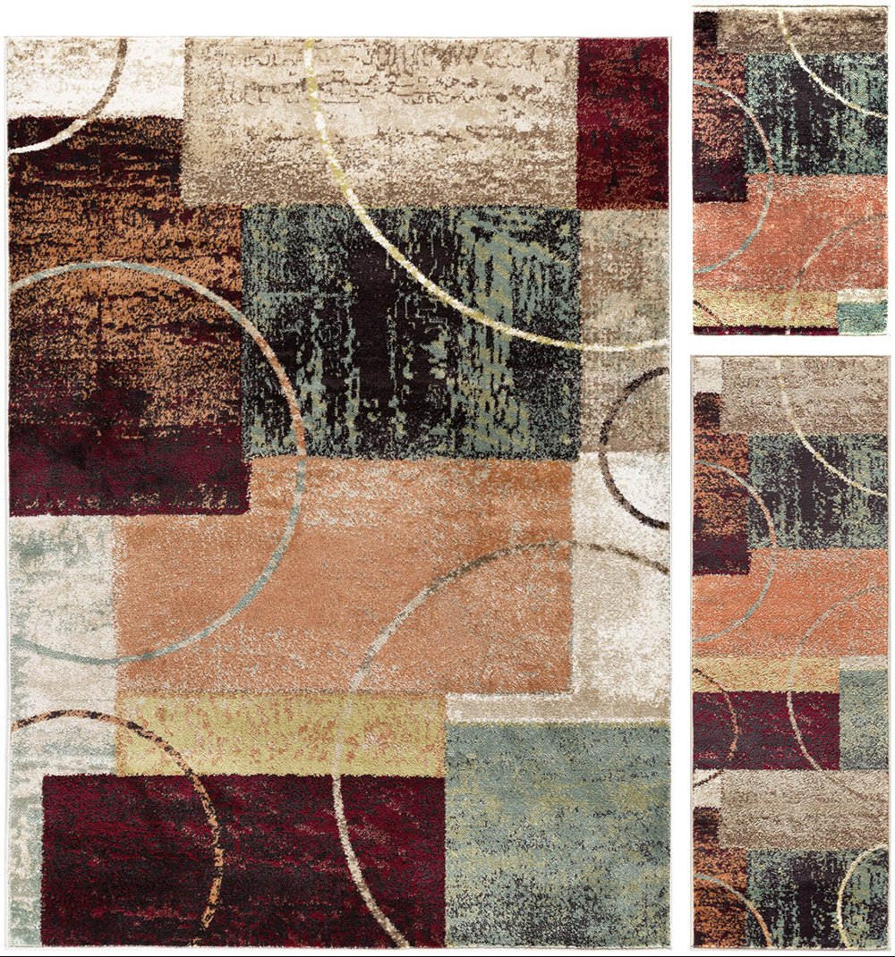 3 Piece Set Red Brown and Teal Area Rug - Deco