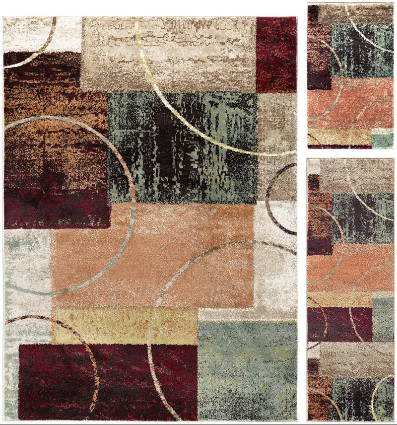 3 Piece Set Red, Brown, and Teal Area Rug - Deco