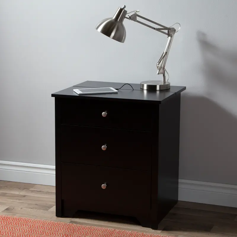 Vito Black Nightstand with Charging Station with Drawers - South Shore